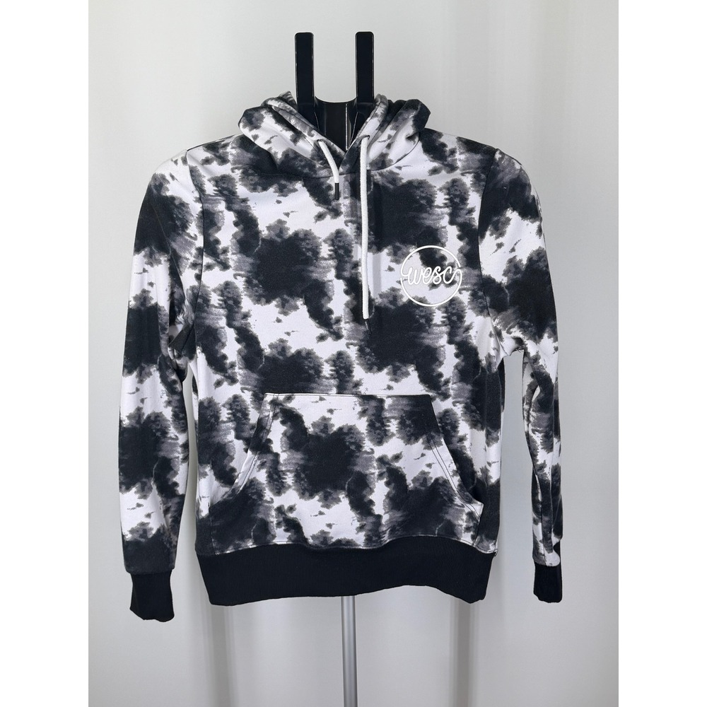 WeSC Mens XS Black White Tie Dye Cloud Wash Fleece Hoodie Sweatshirt Logo